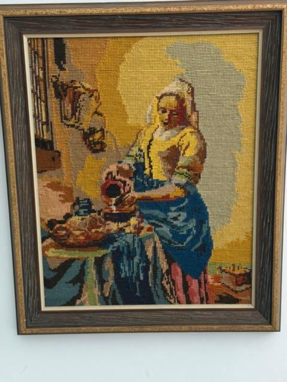 Framed Needlepoint of Painting/The Milkmaid by Dutch Master Johannes Vermeer